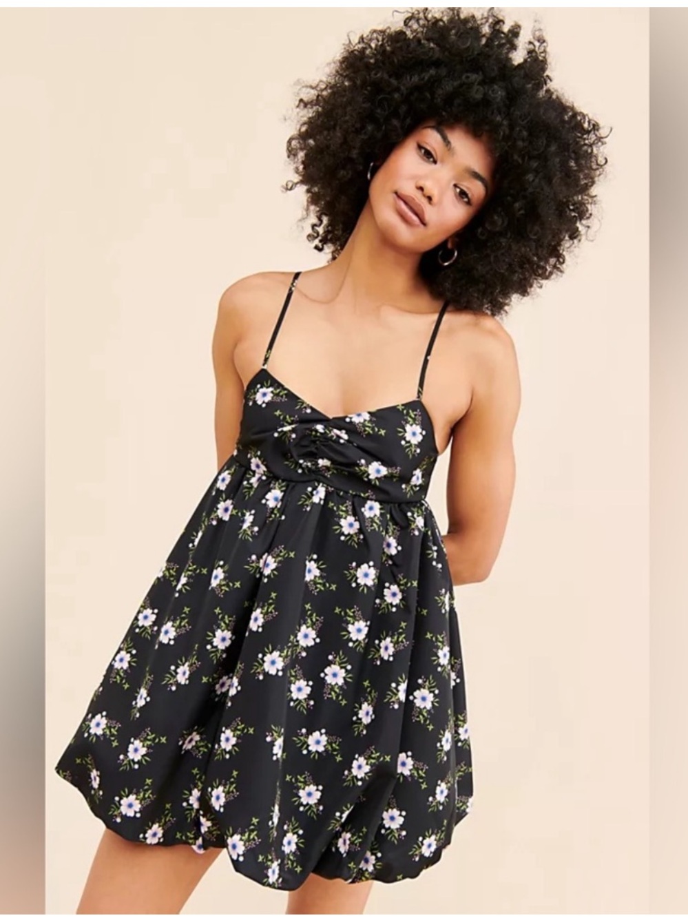 Free People Black Mini Dress with White Floral Print